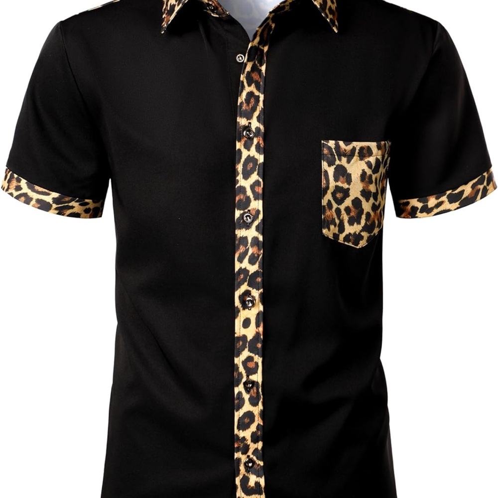 Men's Black Short-Sleeve Button-Down Shirt with Leopard Trim